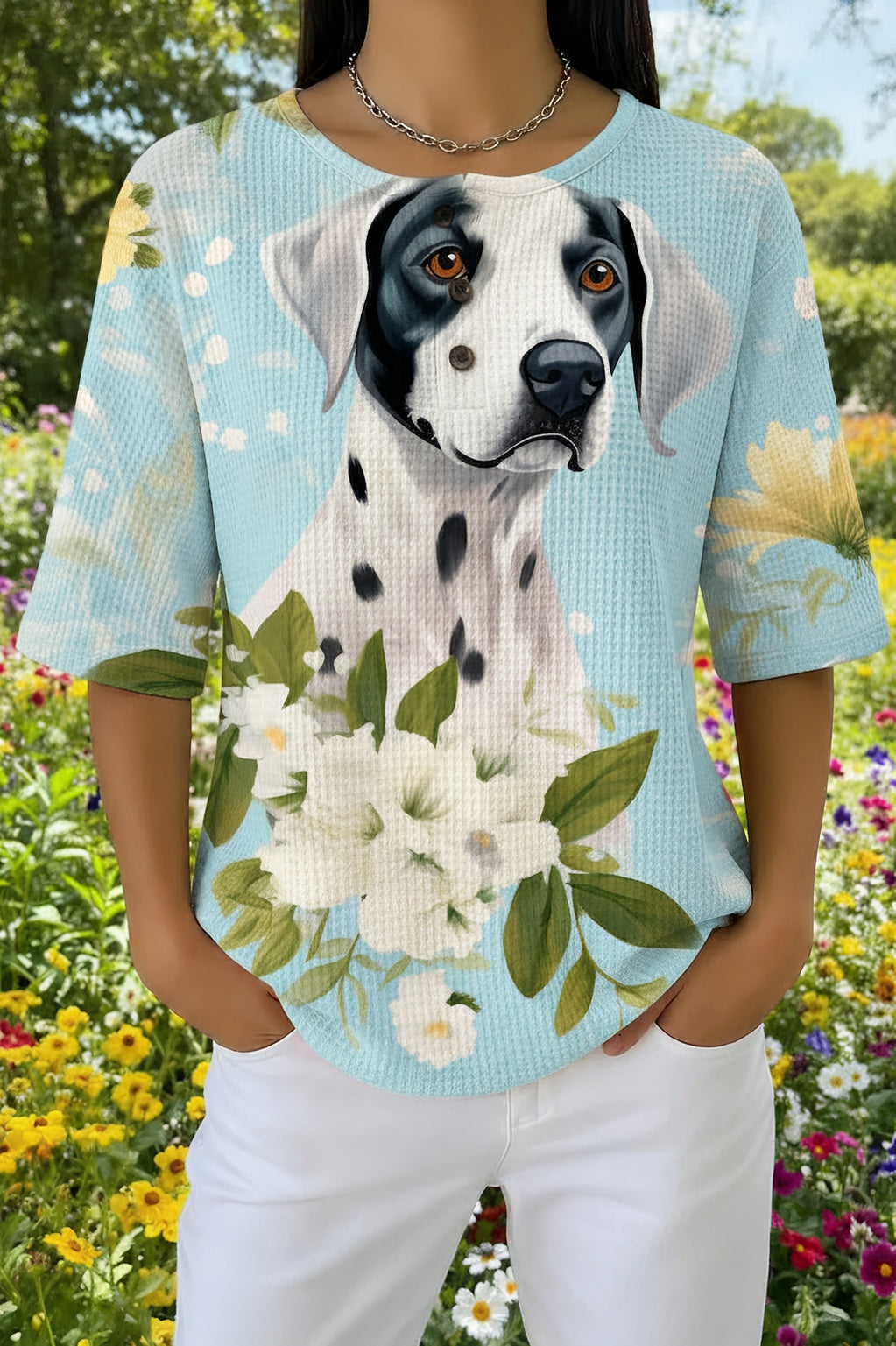 Womens Sky Blue Dalmatian Floral Print Casual Waffle Cotton Shirt