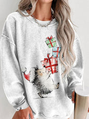 Women's Merry Christmas Cute Animal Hedgehog Santa Hat Gift Casual Print Sweatshirt