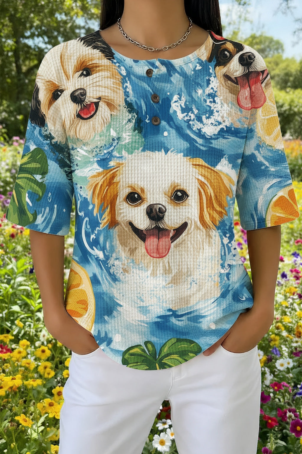 Womens Blue Puppy Print Casual Waffle Cotton Shirt