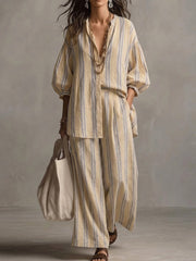 Women's Bohemian Loose Striped Cotton And Linen Set