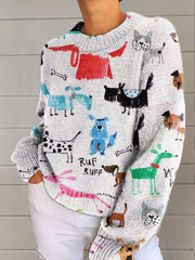 Women's  Dog Art Print Casual V-neck Pullover Knit