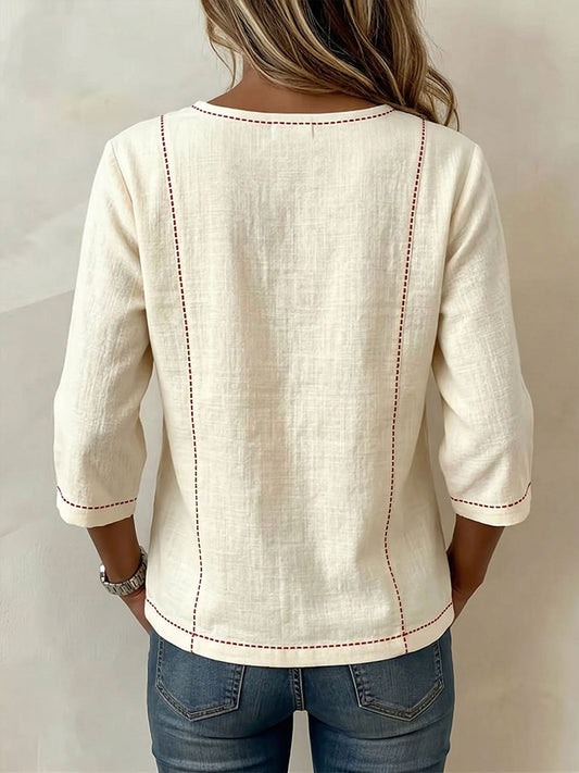 Women's Square-neck 3/4-sleeve Loose-fit Cotton-linen Top