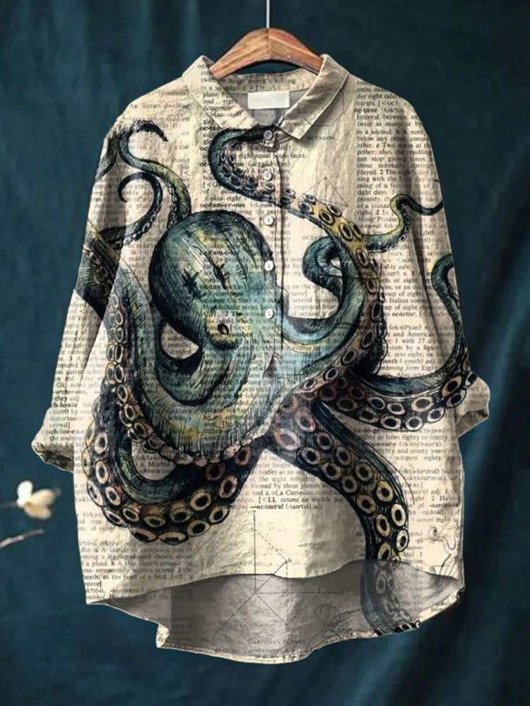 Women's  Octopus Print Casual Cotton And Linen Shirt