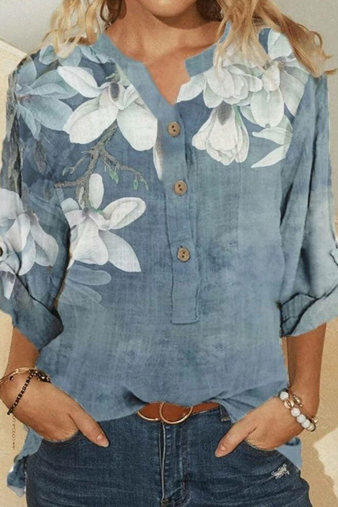 Floral Print V-neck Buttons Blouse
