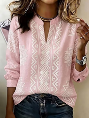 Women Ethnic Geometry Casual Blouse V Neck Long Sleeve Printing Top