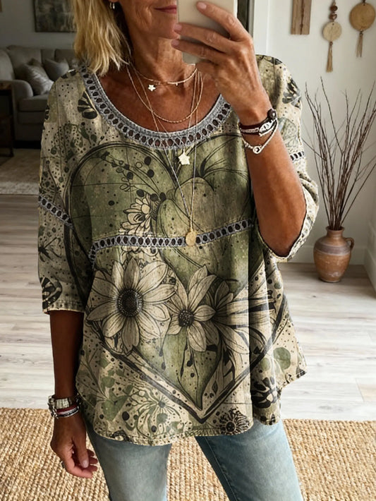 Ethnicity Bohemia Love Flowers Women's Art Print Casual Round Neck Cutout Top
