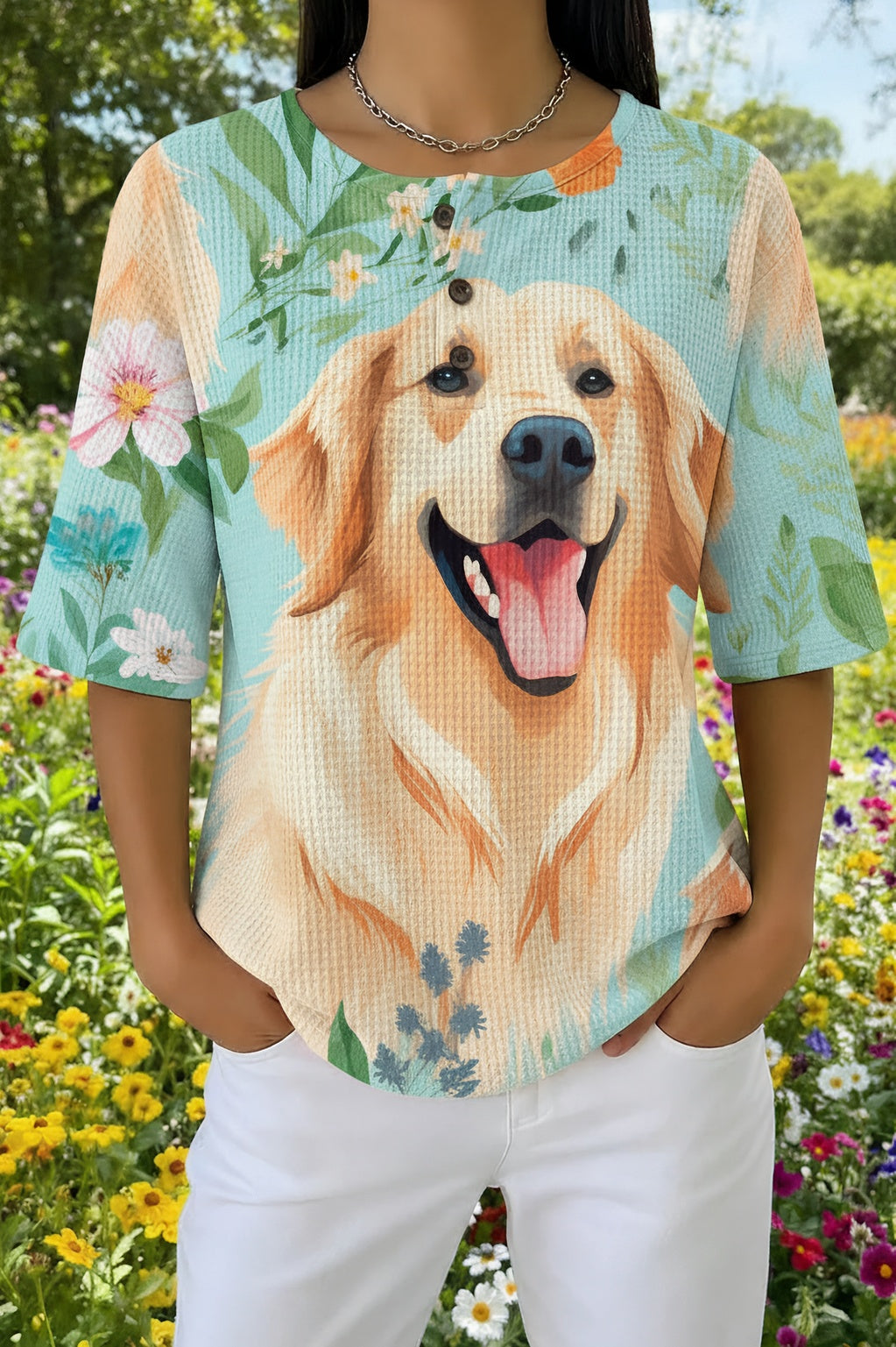 Womens Blue Golden Retriever Print Casual Waffle Cotton Shirt