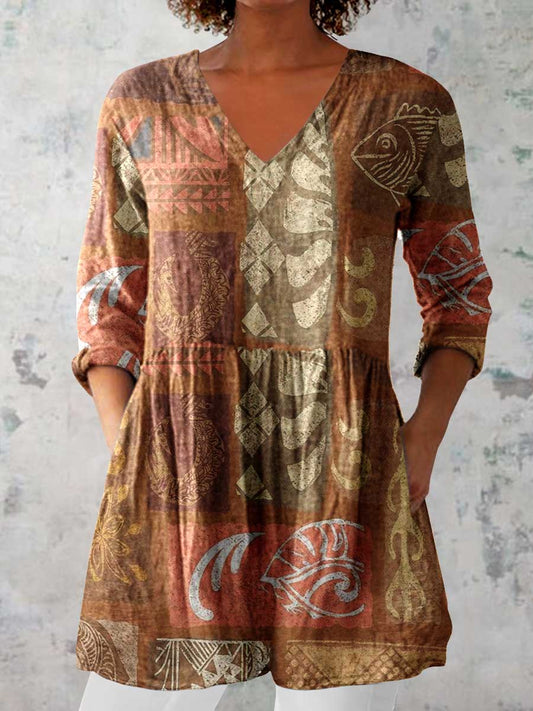 Women's Artistic Geometric Pattern V neck Top