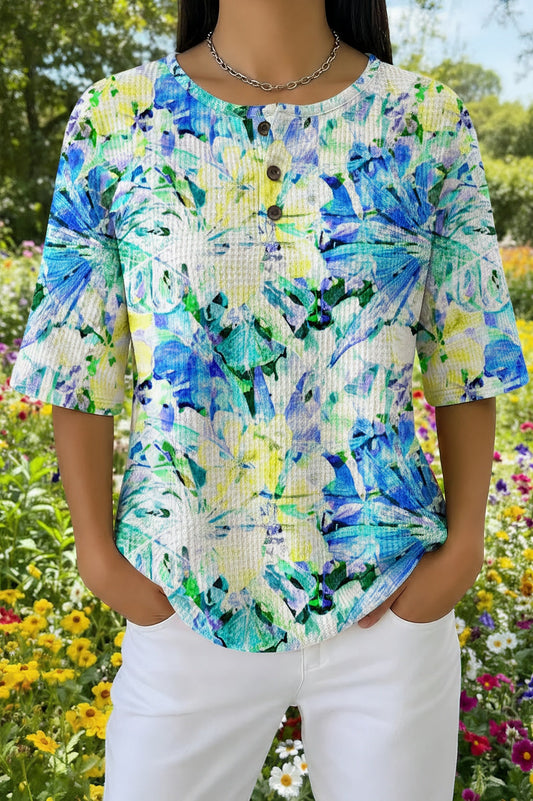 Womens Fresh Green Botanical Print Casual Waffle Cotton Shirt