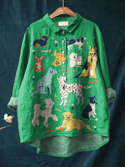 Vintage Lovely Dogs Art Print Casual Cotton And Linen Shirt