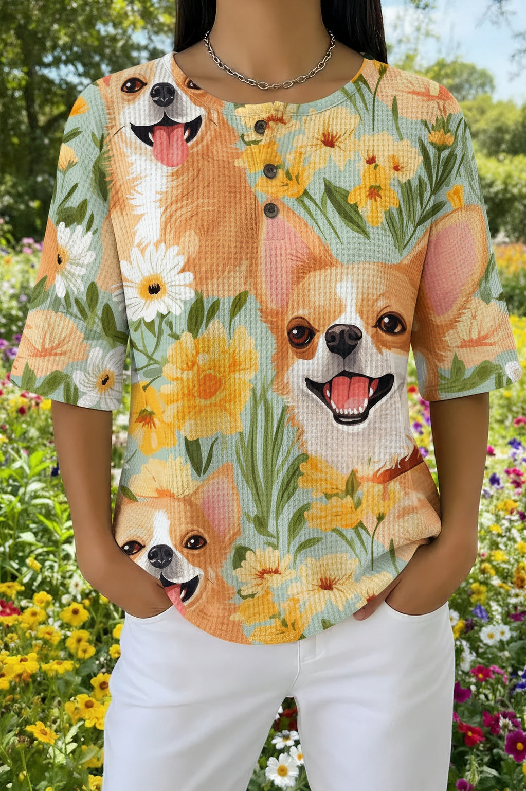 Womens Yellow Floral Dog Print Casual Waffle Cotton Shirt