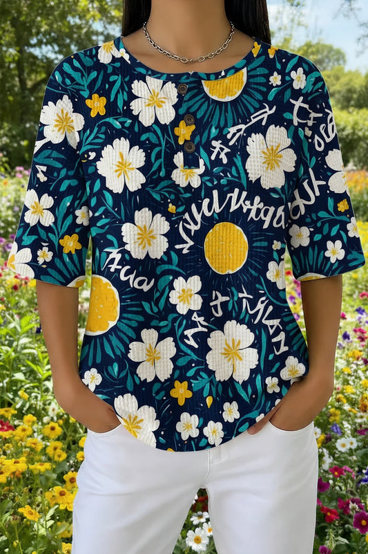 Womens Navy Daisy Letter Print Casual Waffle Cotton Shirt