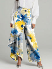 Women's Vintage Flowers Floral Patterns Print High-waisted Relaxed Fit Wide-leg Jeans With A Stylish Design.