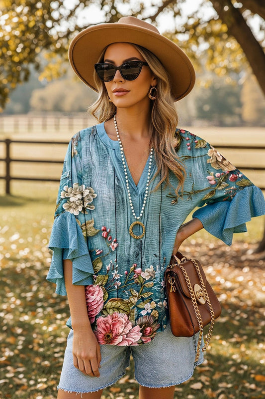 Women's Multicolor Floral Casual V-Neck 3/4 Sleeve Blue Blouse