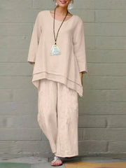 Women'S Solid Color Cotton And Linen Two-Piece Set