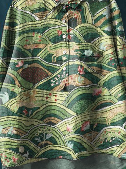 Vintage Lovely Floral Art Print Casual Cotton And Linen Shirt