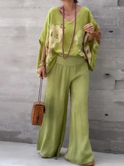 Women's Abstract Print Cotton Linen Set: V-neck Top & Wide Leg Pants