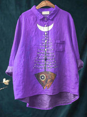 Fish Moon Art Pattern Print Casual Cotton And Linen Shirt