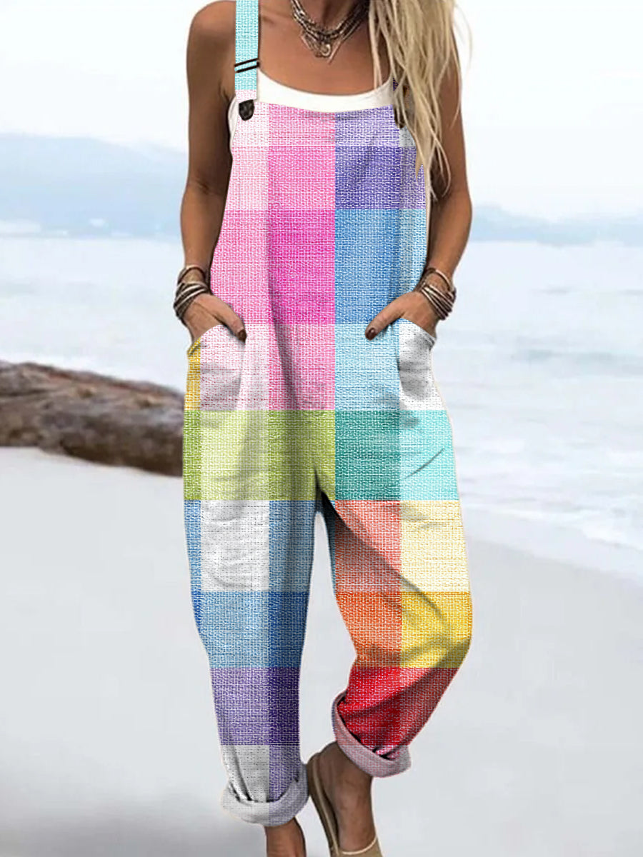 Women's Colorful Art Plaid Print Casual  Cotton Linen  Wide Leg Jumpsuit