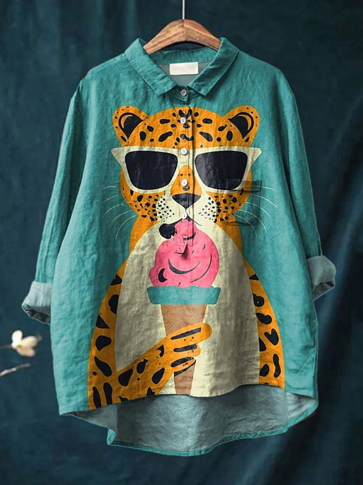Leopard And Ice Cream Graphic Printed Women's Casual Cotton And Linen Shirt