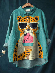 Leopard And Ice Cream Graphic Printed Women's Casual Cotton And Linen Shirt