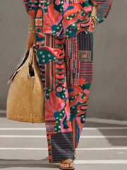 Women's Retro Art Print Casual 3/4 Sleeve Top And Pants Cotton Linen Suits