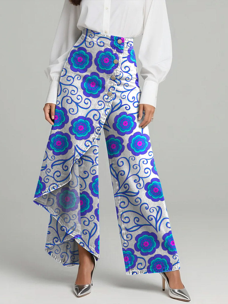 Women's Vintage Flower Print High-waisted Relaxed Fit Wide-leg Jeans With A Stylish Design.