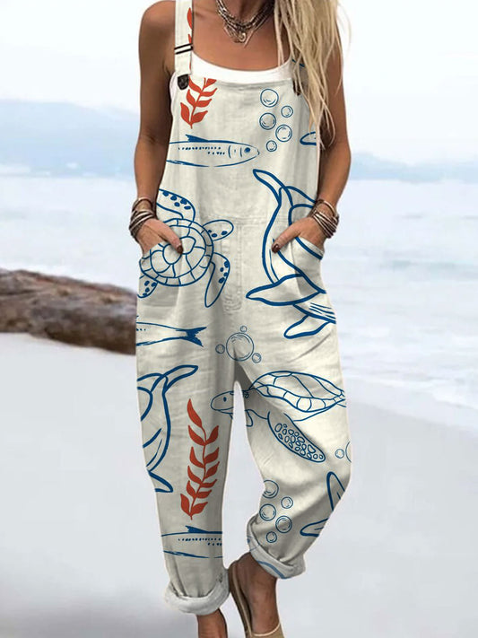 Women's  Retro Funny Fish Turtle Art Print Casual  Wide Leg Jumpsuit