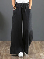Women Solid Color Elastic Waist Pockets Casual Linen Wide Leg Pants