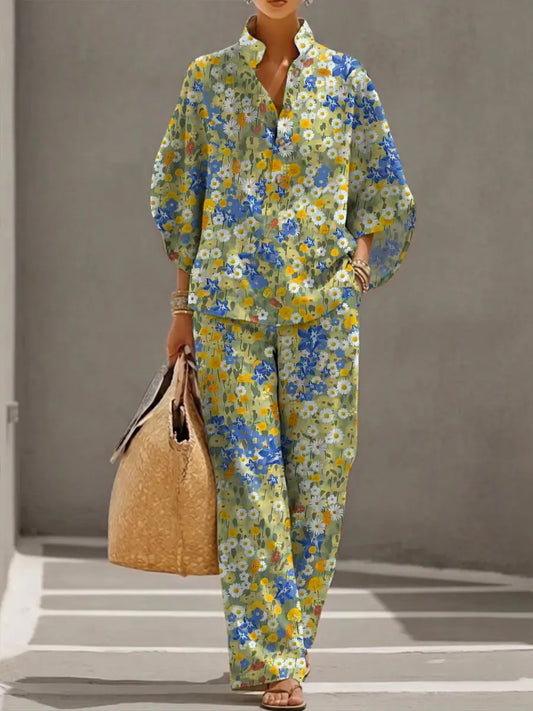 Women's Retro Floral Art Print Casual 3/4 Sleeve Top And Pants Cotton Linen Suits
