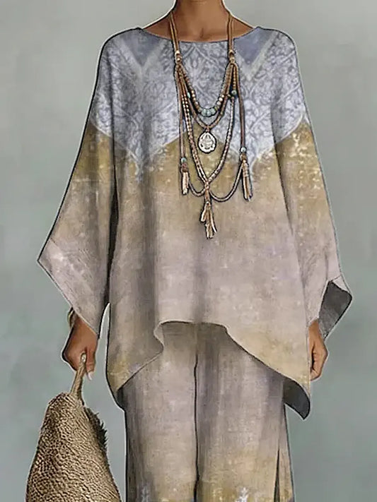 Women's Vintage Art Comfortable Loose Cotton Linen Wide-leg Pants Two-piece Set
