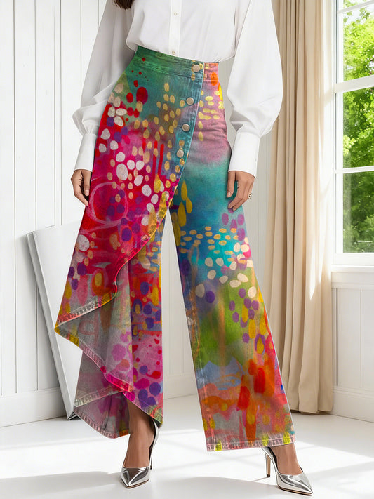 Women's Vintage Abstract Art Print High-waisted Relaxed Fit Wide-leg Jeans With A Stylish Design.
