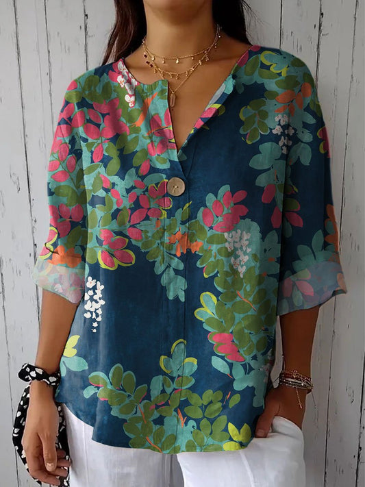 Women's Flower Print Casual Cotton Linen Shirt