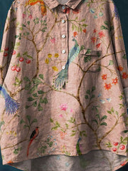 Women's Vintage Ethnic Lovely Birds Floral Art Print Casual Cotton And Linen Shirt