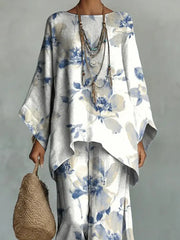 Women's Vintage Floral Art Comfortable Loose Cotton Linen Wide-leg Pants Two-piece Set