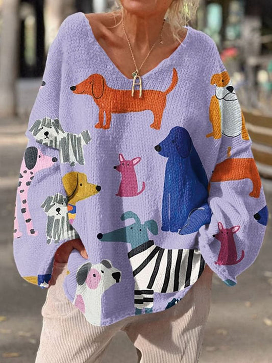 Retro Dog Art Print  Casual Pullover Sweater