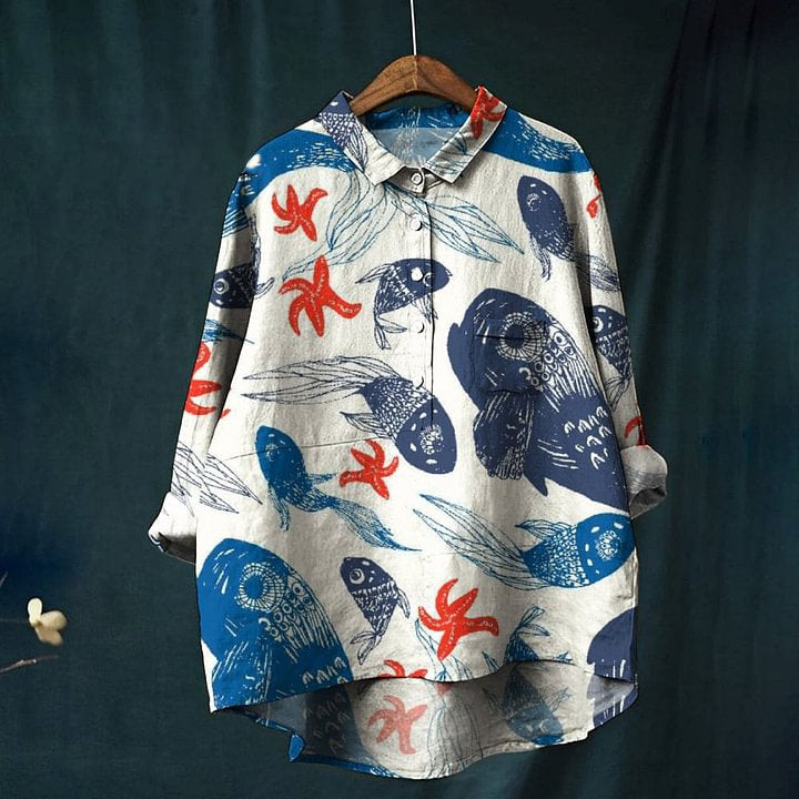 Women's Colorblock Fish Print Casual Linen Shirt