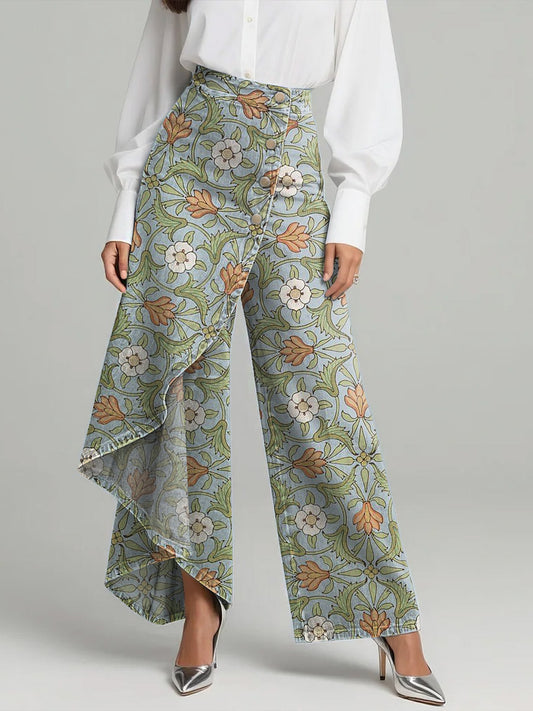 Women's Vintage Flower Patterns Print High-waisted Relaxed Fit Wide-leg Jeans With A Stylish Design