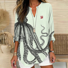 Dashingsoul Japanese Art Octopus And Crab Print V Neck Long Sleeve Blouse