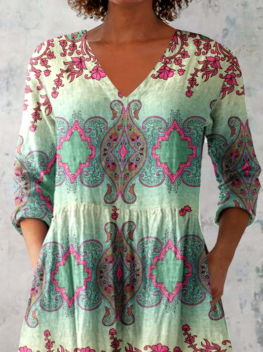 Women's Ethnic Geometric Print V-neck Top