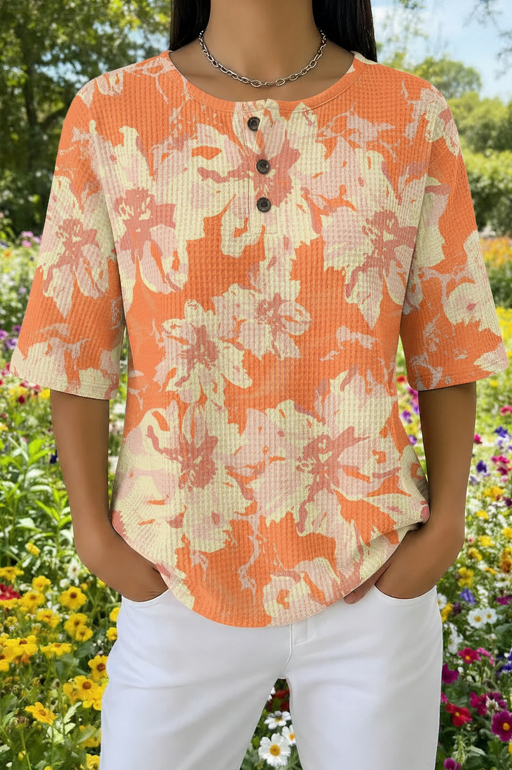 Womens Orange Summer Floral Print Casual Waffle Cotton Shirt
