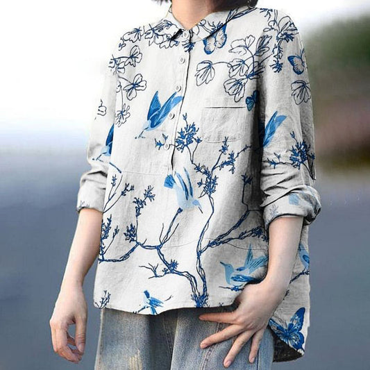 Women's Flowers And Birds Print Casual Linen Shirt