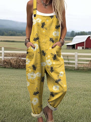 Women's Lovely Floral Bees Art Print Casual Cotton Wide Leg Jumpsuit