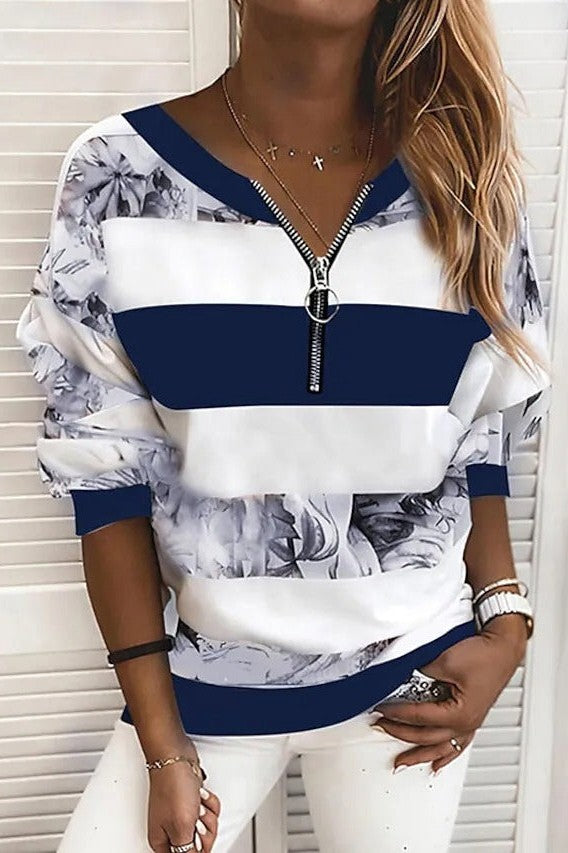 Leaf Print Stripe Patchwork Zipper Long Sleeves Sweatshirt