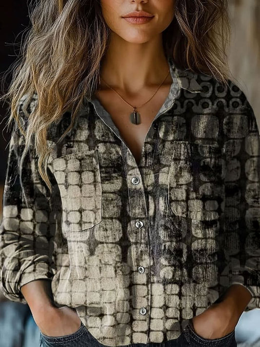 Women's Retro Army Green Circular Texture Art Print Casual Long Sleeve Comfortable Cotton Shirt