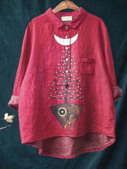 Fish Moon Art Pattern Print Casual Cotton And Linen Shirt