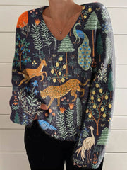 Women's Lovely Animals Floral Art Print Casual V-neck Knit Pullover