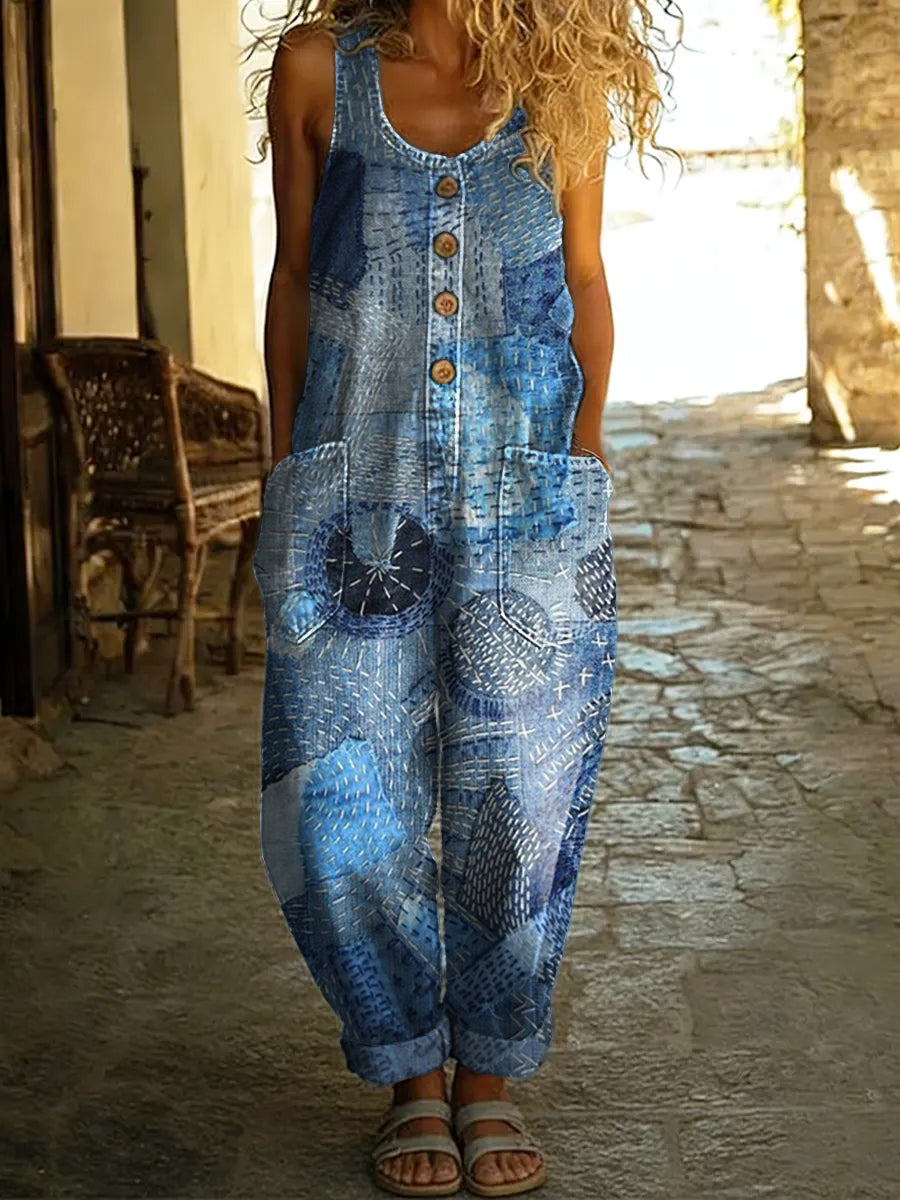 Women's Patchwork Art Print Casual Denim Jumpsuit