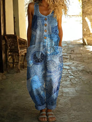 Women's Patchwork Art Print Casual Denim Jumpsuit