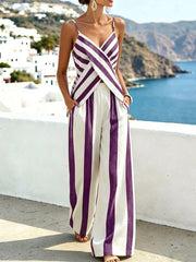 Women's Striped Print V-neck Sleeveless Loose-fit Cotton-linen Camisole Top & High-waisted Loose-fit Wide-leg Pants Set